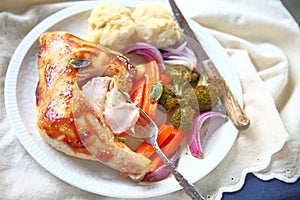 Roast chicken dinner with assorted vegetables