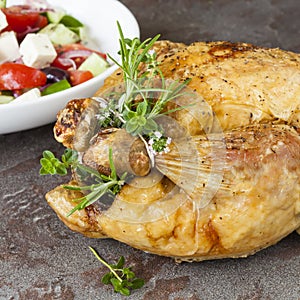 Roast chicken with Fresh Herbs and Greek Salad