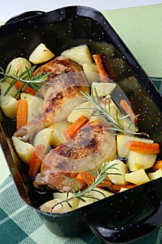 Roast chicken legs with potatoes and vegetable