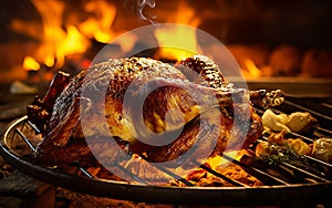 Roast chicken over the fire. Fantasy, Minimal, Clean, 3D Render, Surrealistic, Photographic Style, illustration, Close Up. Created