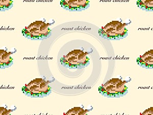 Roast chicken seamless pattern on yellow background. Pixel style