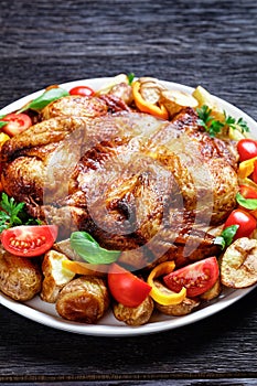 Roast chicken served with vegetables on a platter