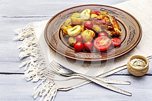 Roast chicken thighs and baby potatoes