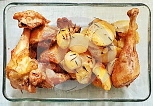 Roast chicken, traditional way to grille chicken and potatoes, French food, French Gastronomy