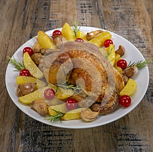 Roast chicken and various vegetables on a white plate