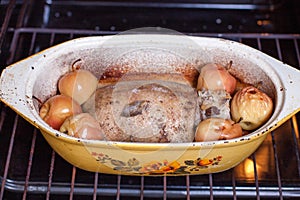 Roast Christmas duck on the oven background