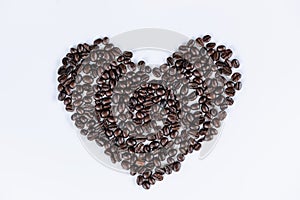 Roast Coffee Beans Heart Shape on White Isolate Background, Love Flavor and Beverage Ingredients With Roasted Coffee Beans Concept