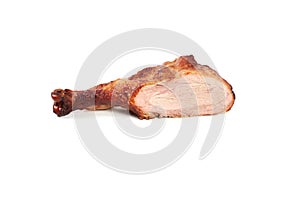 Roast and cuted turkey leg isolated on white background.