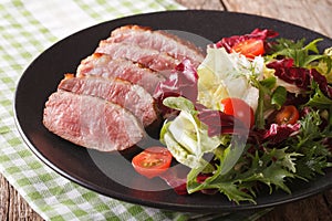 Roast duck breast and fresh mix lettuce close-up. Horizontal