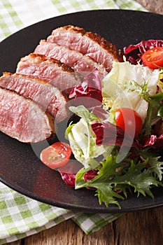 Roast duck breast with fresh mixed salad close-up. vertical