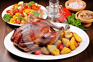 roast duck served with oven-baked vegetables