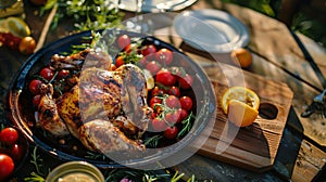 Roast duck with tomatoes and herbs