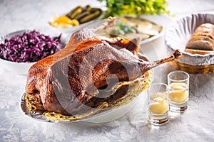 Roast goose with side dishes, red cabbage, roast, strudel, potato dumplings, pickles bread and pear distillate photo