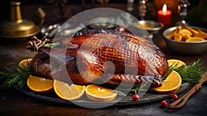 Roast goose stuffed with baked apples in a skillet on a dark wooden background, festive christmas. Generative AI