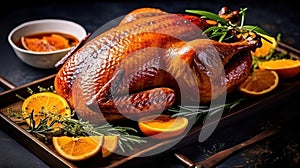 Roast goose stuffed with baked apples in a skillet on a dark wooden background, festive christmas. Generative AI