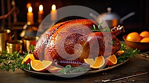 Roast goose stuffed with baked apples in a skillet on a dark wooden background, festive christmas. Generative AI