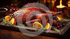 Roast goose stuffed with baked apples in a skillet on a dark wooden background, festive christmas. Generative AI