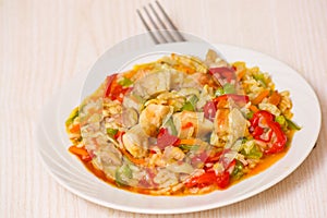 Roast meat with vegetables and rice