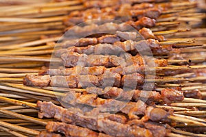 Roast mutton cubes on a skewer