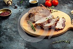 Roast pork. Big Piece of Slow Cooked Oven-Barbecued Pulled Pork shoulder with mustard and thyme. banner, menu recipe place for