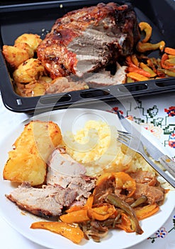 Roast pork dinner with joint