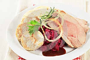 Roast pork, dumplings and red cabbage