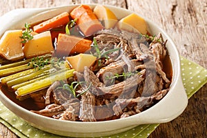 Roast pot of slow cooked beef with vegetables in a spicy sauce close-up in a frying pan. horizontal photo
