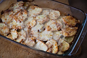 Roast potato moussaka ready for serving