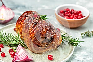 Roast roll with spices and cranberry. Food recipe background. Close up