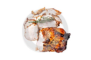 Roast rolled pork ham meat on plate with thyme. Isolated, white background.