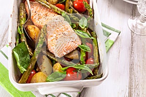 Roast Salmon with Asparagus, New Potatoes and Cherry Tomatoes