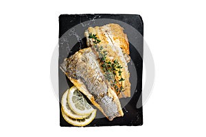 Roast sea bass fillet with lemon and thyme, seabass fish. Isolated, white background.