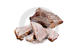 Roast Tri Tip or sirloin bottom beef steak on a plate with arugula. Isolated, white background.