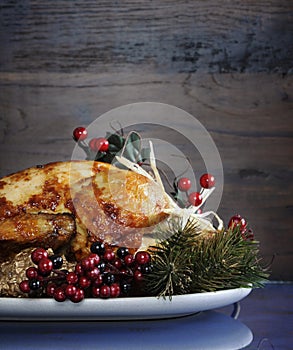 Roast turkey against dark rustic wood background. Vertical with copyspace