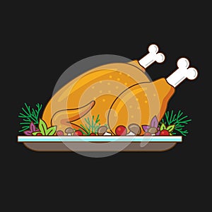 Roast turkey or chicken on platter for traditional holiday dinner. Serving plate with baked bird. Colorful vector flat