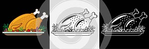 Roast turkey or chicken on platter for traditional holiday dinner. Serving plate with baked bird. Outline, colorful