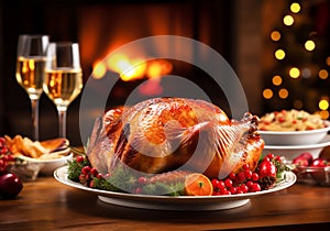 Roast turkey for Christmas dinner or Thanksgiving day dinner. AI generated