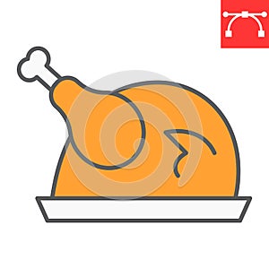 Roast turkey color line icon, thanksgiving and dinner, roasted chicken sign vector graphics, editable stroke filled