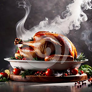 Roast turkey dinner, steaming hot, dynamic flying bursting layout