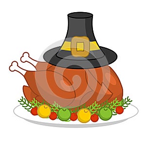 Roast turkey for Thanksgiving and pilgrim hat. fowl on plate. fr
