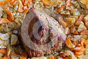 Roast veal meat steak beef pork rustic bbq with vegetables