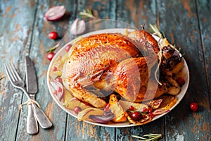 Roast whole chicken with roast vegetables on plate on a table