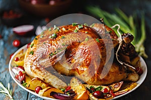 Roast whole chicken with roast vegetables on plate on a table