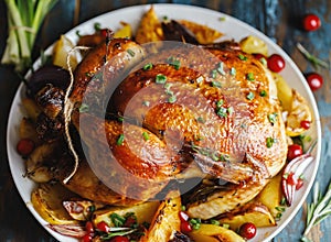 Roast whole chicken with roast vegetables on plate on a table