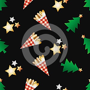 Roasted almond nuts in gingham paper bags vector seamless pattern background. Golden confectionery, festive trees, stars