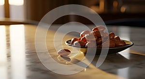Roasted Almonds in Black Bowl on Marble Table