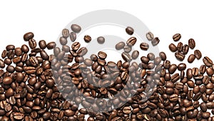 Roasted arabica coffee beans isolated on white background. Group of brown grains