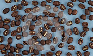 Roasted Arabica coffee beans on a light blue