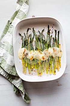 Roasted asparagus with mozzarella cheese and panko hot out of the oven.