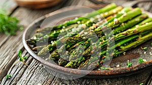 Roasted asparagus on a rustic wooden table